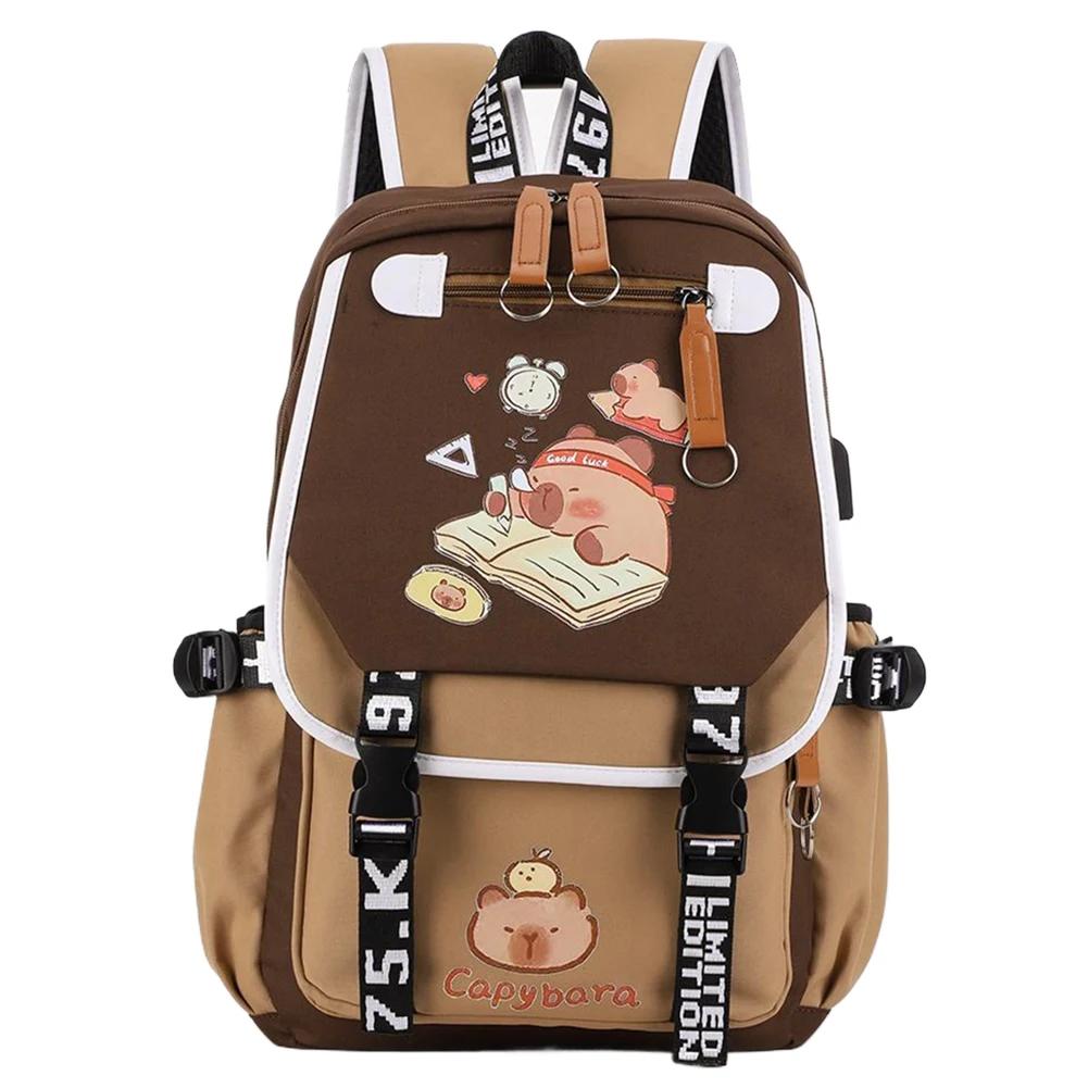 Capybara Flap Backpack with Pencil Case Fashion Casual Nylon Cute Bag Large Capacity Bookbag Animal Cartoon Daypack for Teens