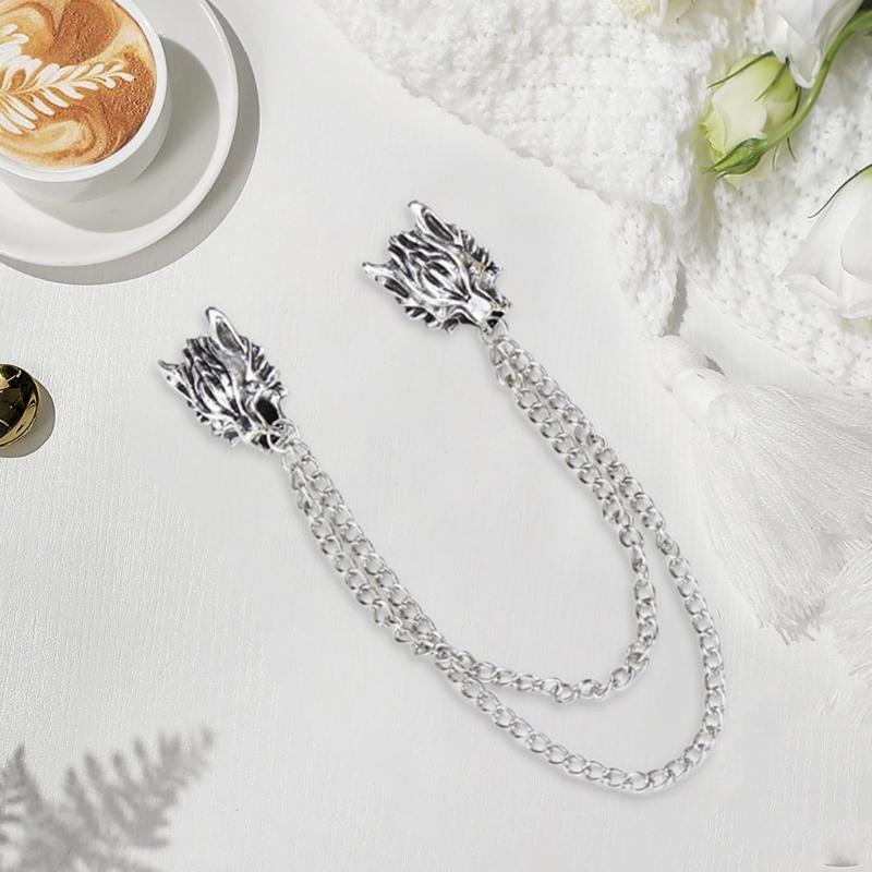 Wolfskopf Anstecknadel mit geschichteter Kette, Wolfskopf Anstecknadel Brosche Halloween Kostüm Schmuck Accessoire für Frauen Männer