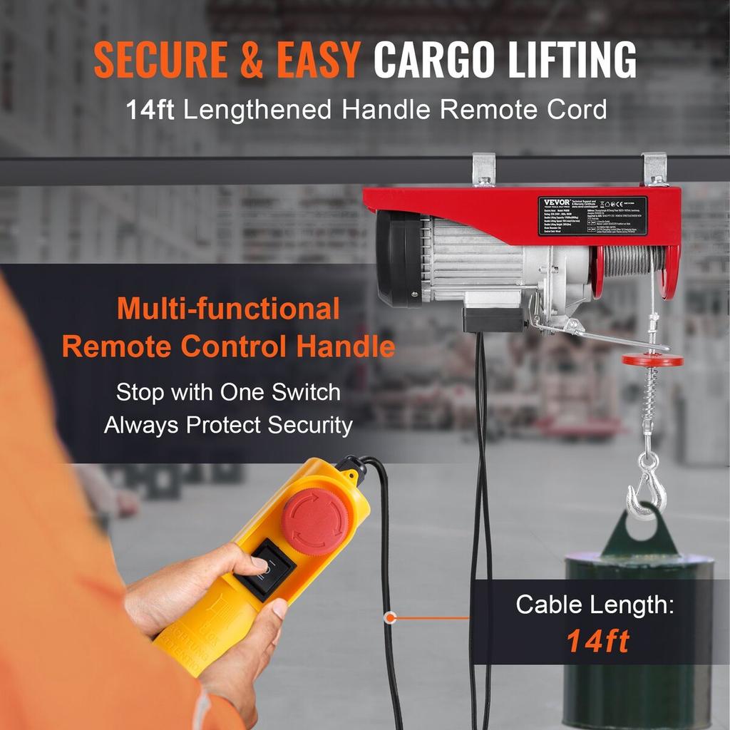 Electric Hoist Crane Winch 1760 lbs with 14 ft Wired Remote Control 230V
