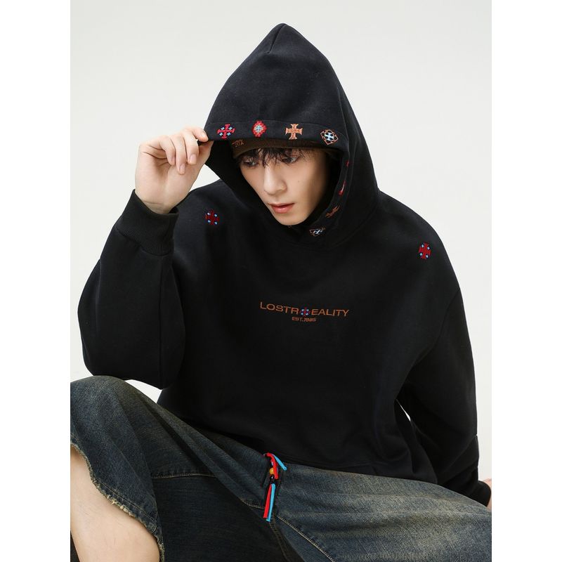 Wassup Ethnic Style Embroidered Hooded Sweatshirt for Men, Autumn and Winter Loose Trendy Versatile Couple Heavyweight Pullover Top