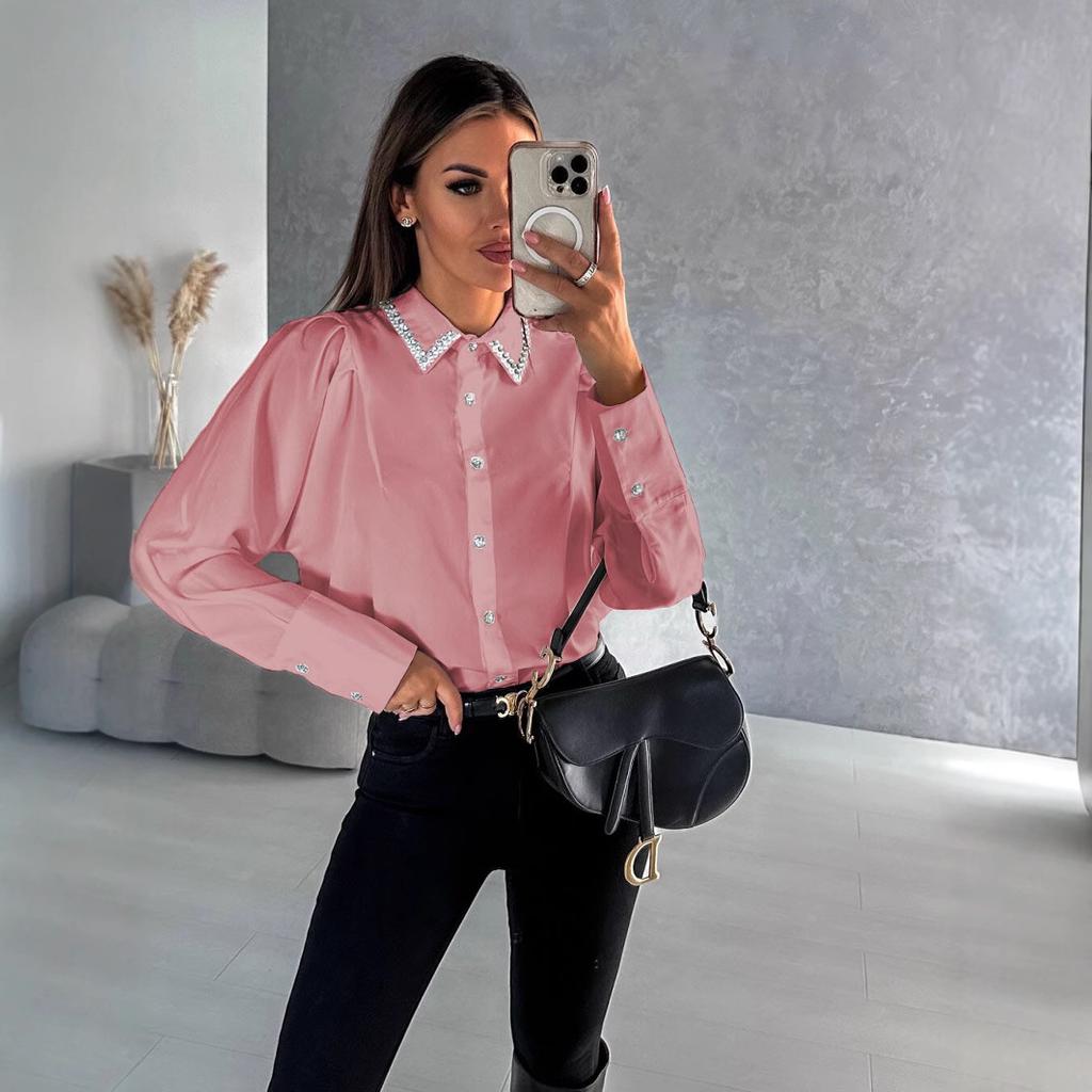 Ladies Spring Summer Long Sleeve Rhinestone All Match Shirt Top