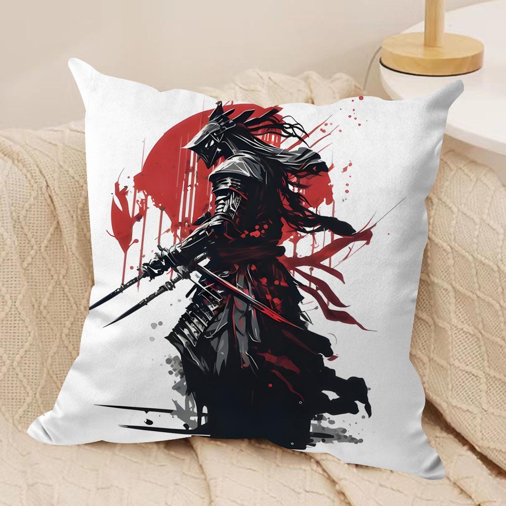 Japanese Style Ink Samurai Cushion Cover Silky Short Plush Invisible Zipper Dustproof Sofa Pillow Case for Home Decor