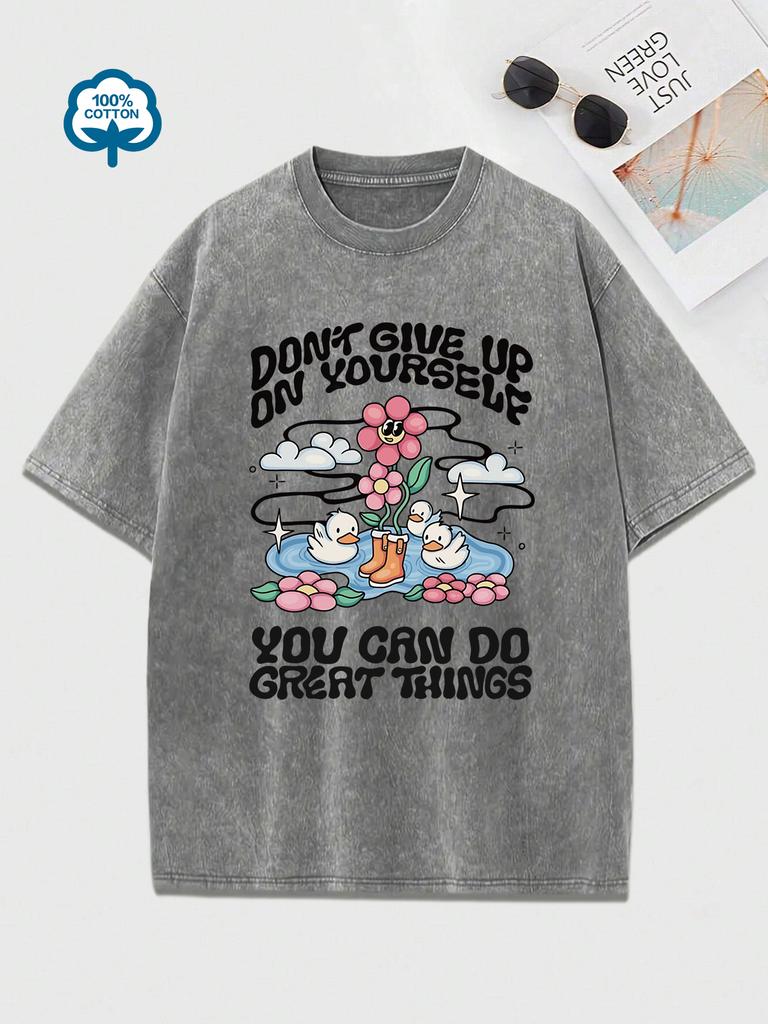 No Te Rindas Contigo Mismo Patos Felices Nadando Estampado Camisetas Lavadas Mujer Algodón Hip Hop Camisetas Tops de Verano Ropa Holgada