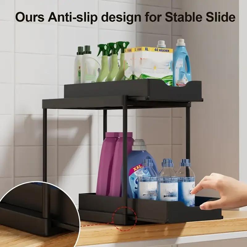 Double-Layer Pull-Out Kitchen Storage Rack, Non-Slip and Stable, Multifunctional Storage Box with Five Hooks, Under-Sink Brush Double-Layer Drawer