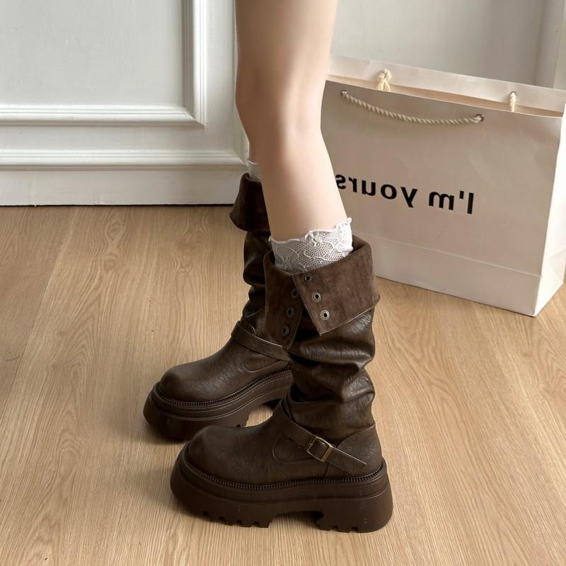 [Xu Jiaqi] Autumn and Winter Thick-soled Thick-heeled Pleated Medium-high Elastic Stacking Boots Women's Boots