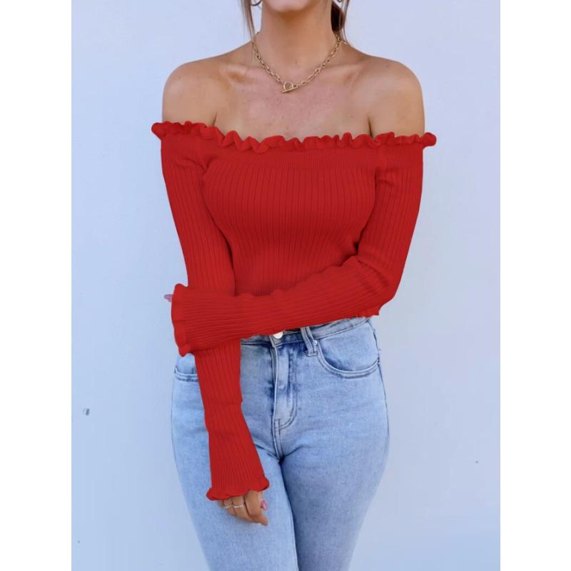 Women's Autumn and Winter Wooden Ear Side One Shoulder Long Sleeve Sexy High Waist Short Top