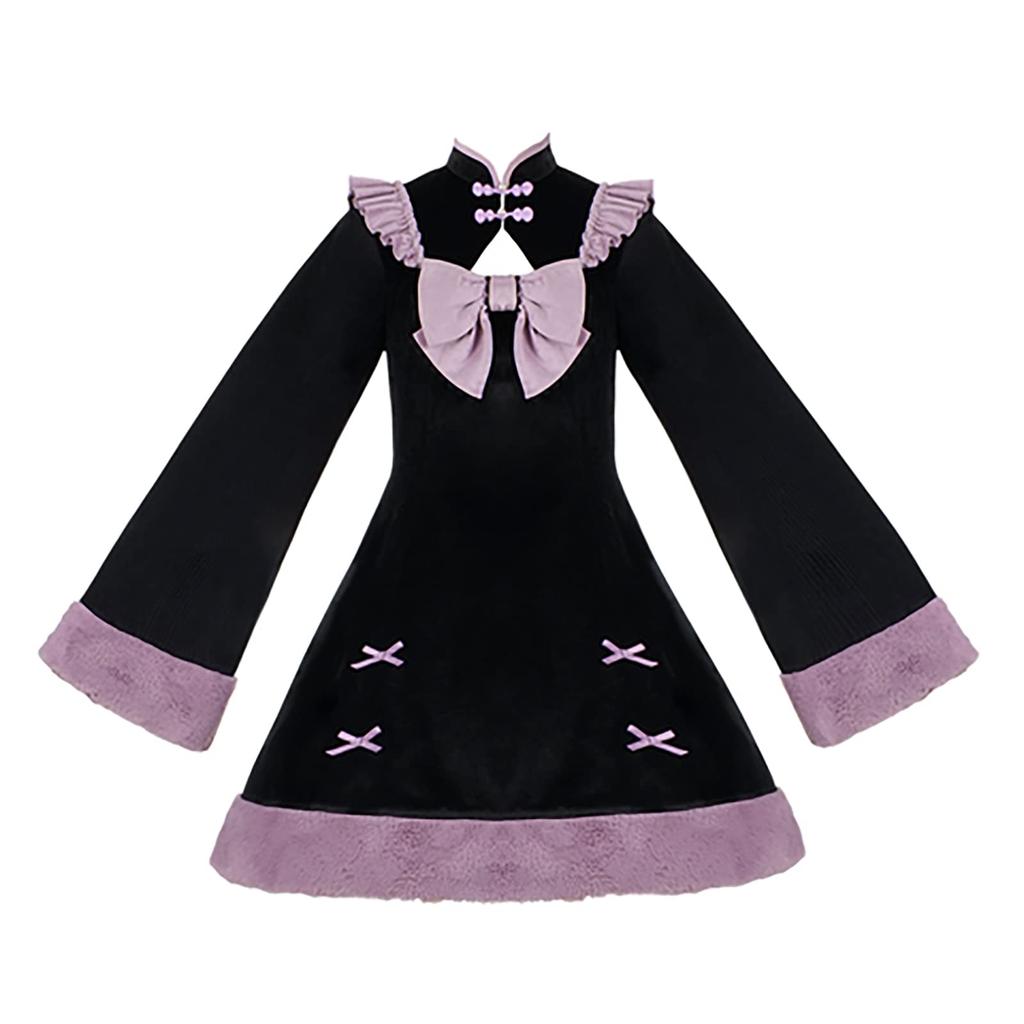 Milky Time Women's Medium Lolita Dress, Long Sleeves, Black and Purple Velvet, Winter Cosplay Costume