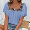 Summer Women Blouse Lace Embroidered Square Neck Backless Pullover Shirt Short Sleeve Lotus Leaf Holiday Spring S-XL