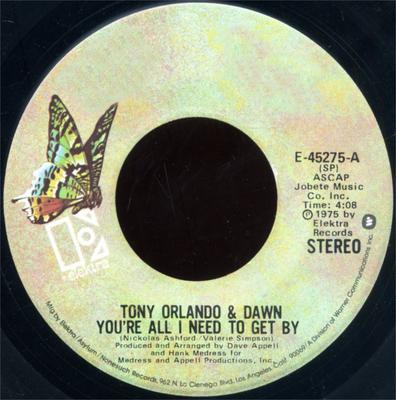 7inch Record TONY ORLANDO & DAWN - You're All I Need To Get By E45275 Elektra 1975 US Rock Used