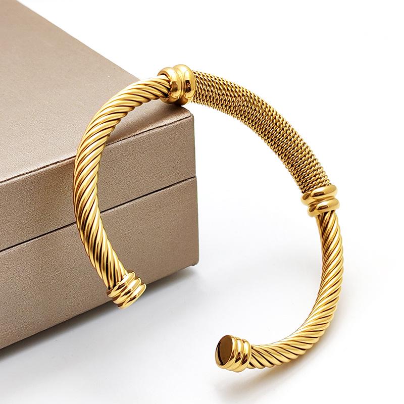 Stylish European-American 18K Gold Stainless Steel Wire Bracelet for Women, Geometric Open Design, Inlaid with Colored Diamonds, Colorfast.