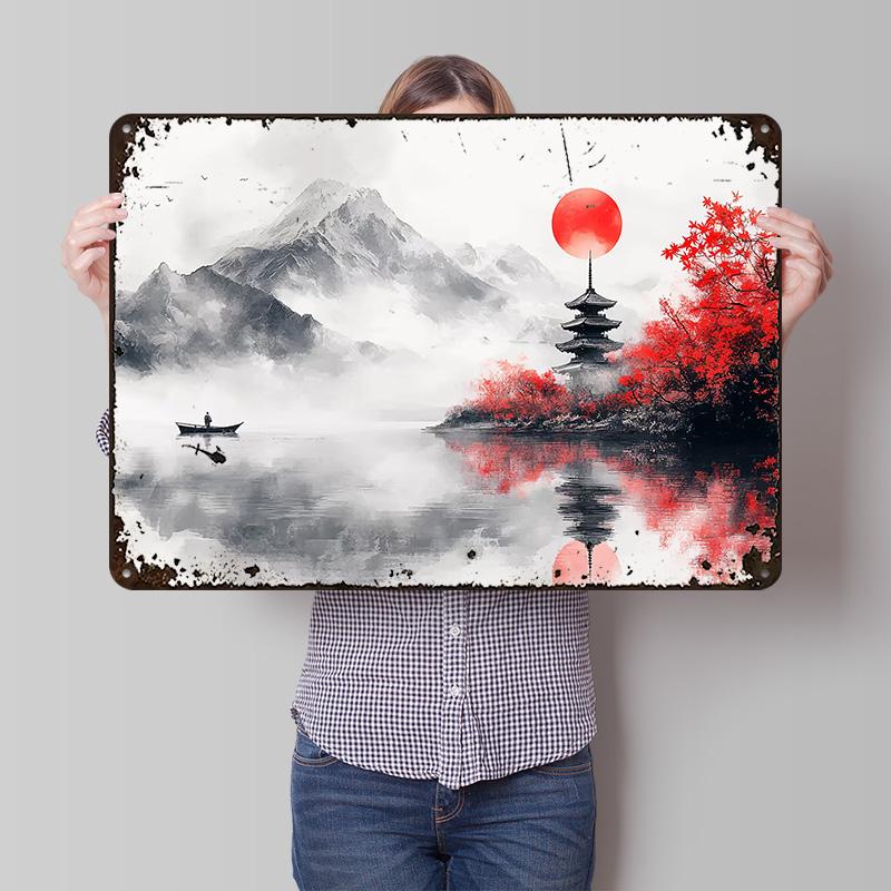 Japanese Pagoda Landscape Metal Poster Custom Wall Art Retro Vintage Tinplate Signs for Man Cave Living Room Decoration House