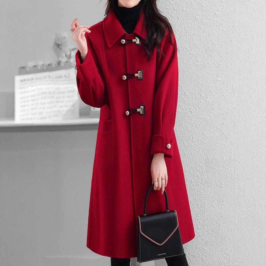 

Двустороннее шерстяное пальто для женщин на осень и зиму, новый стиль, свободное и универсальное шерстяное пальто с роговыми пуговицами для женщин XL