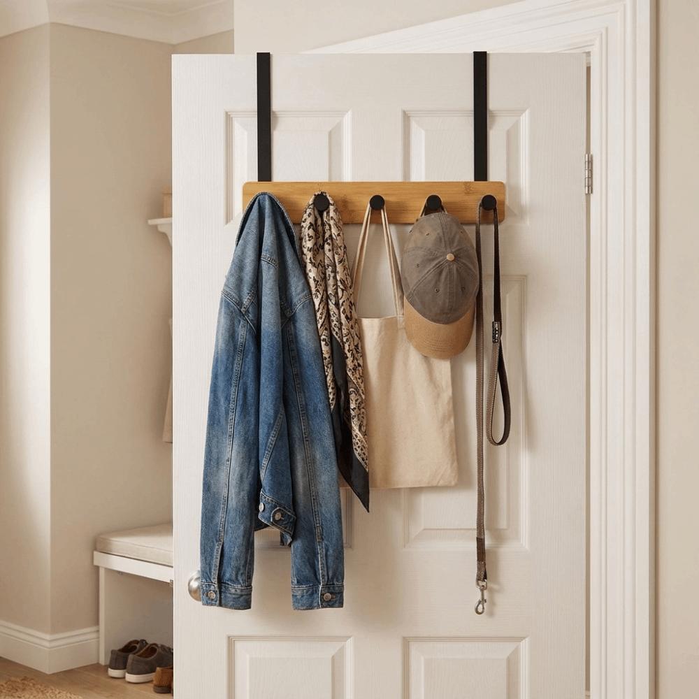 6 Hooks Over The Door Hooks Natural Bamboo Hat Hanger No Drilling Towel Hanger Closet Organizer