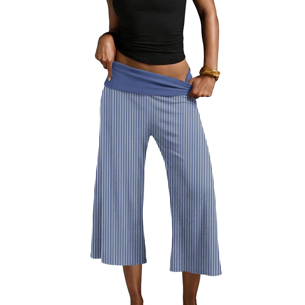 Women’s Striped Yoga Pants Loose Fit Wide Leg Cropped Trousers with Fold Over Waistband Comfortable Design for Daily Wear