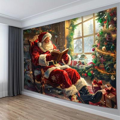 Santa Claus Reading Book Tapestry Cozy Christmas Living Room Bedroom Decor Holiday Wall Hanging for Xmas Party