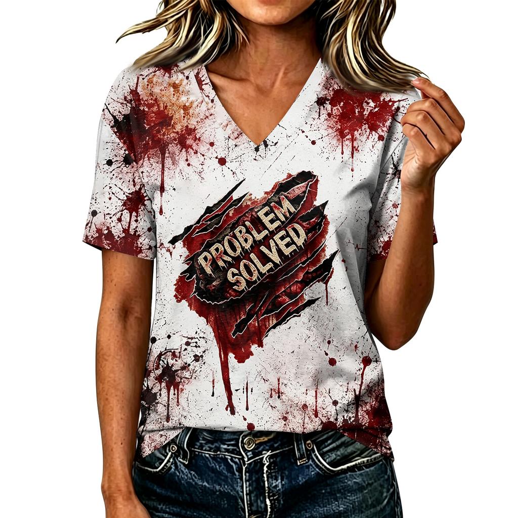Women's Casual V-Neck Top with Halloween Print for Fall Festive Wear