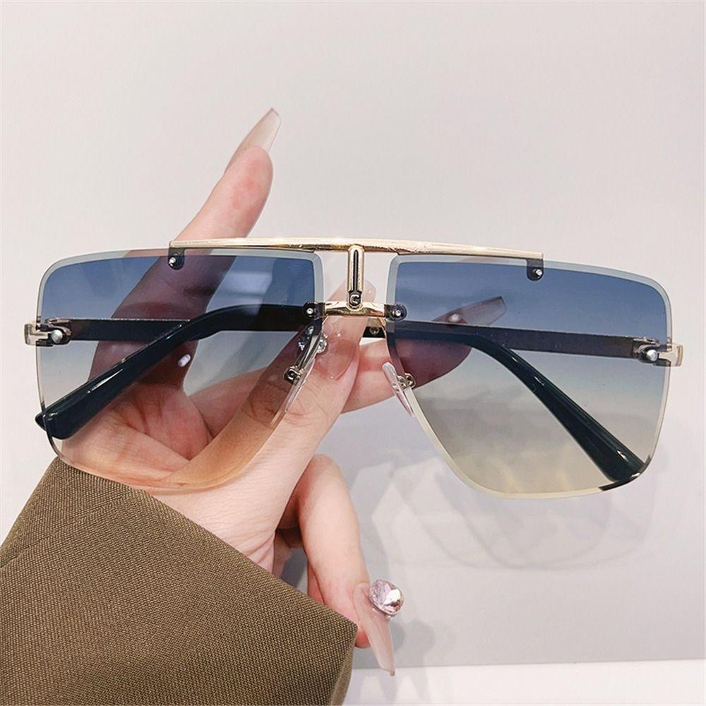 Attractive Glasses Women's Oversized Double Bridge Sunglasses Square Frame Frameless Gradient Lens Sun Glasses Uv Protection Rimless