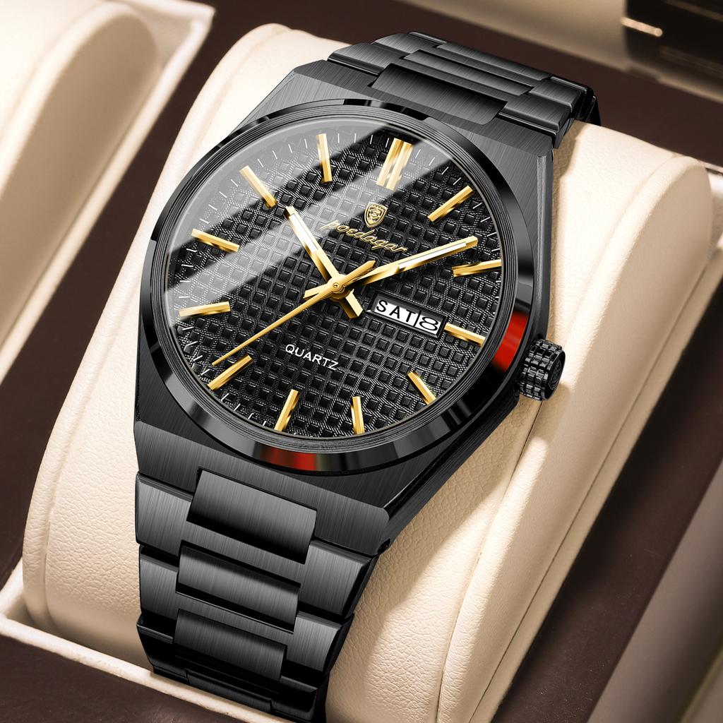 POEDAGAR Luxe Herenhorloge Datum Week Waterdicht Lichtgevend Roestvrij Staal Horloge voor Man Casual Kwarts Horloges Mannelijk Sport+Doos