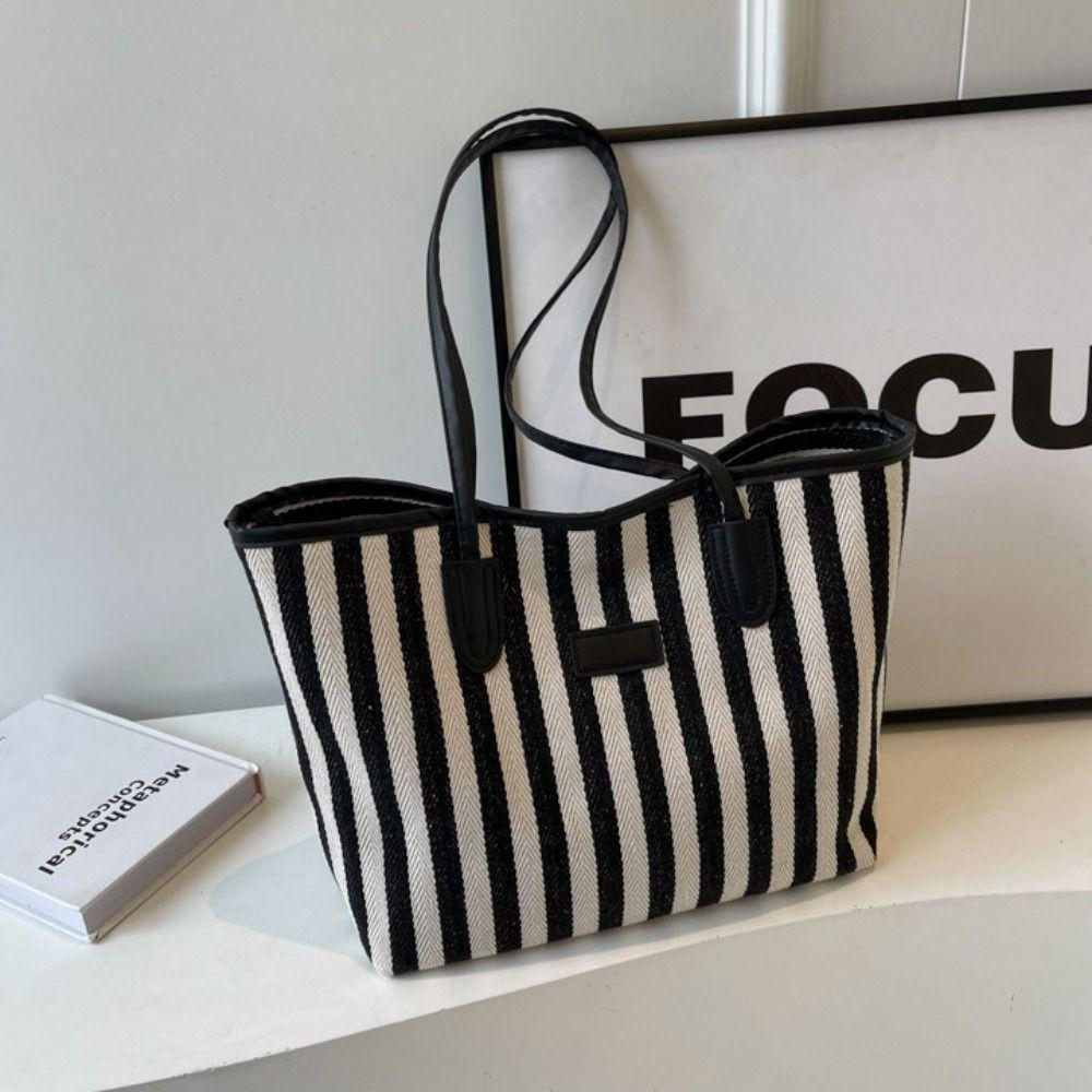 Korean Style Shoulder Bag Zipper Shopping Handbag Simple Stripe Canvas Tote Bag  Women