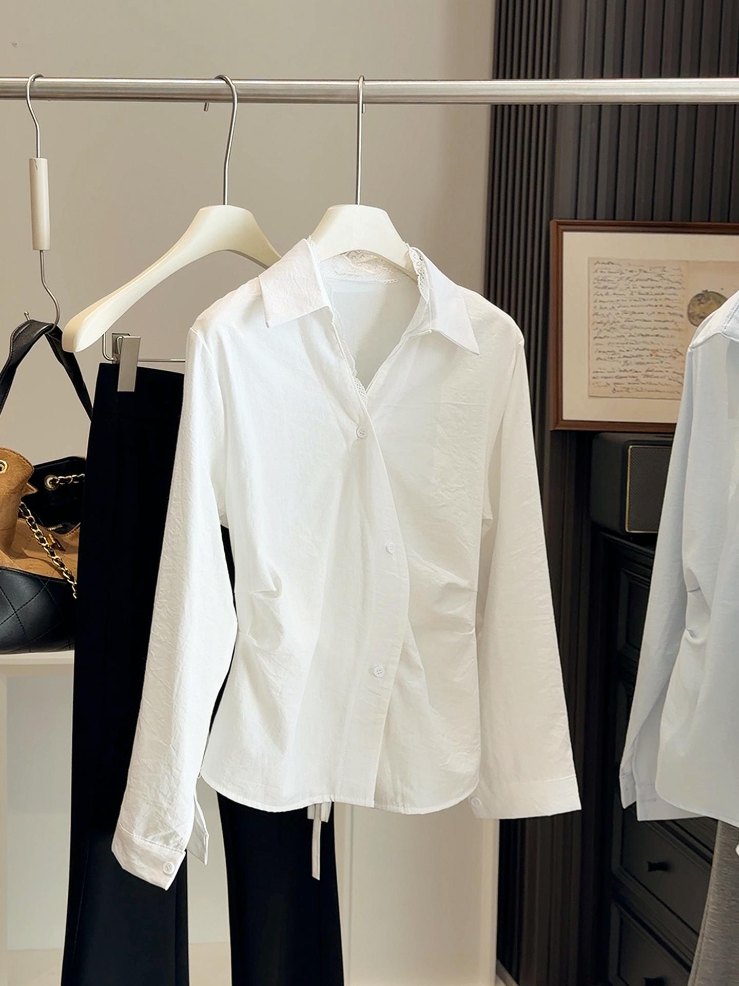 2026 Spring Women s Elegant V-Neck Lace Trim Long-Sleeve Shirt with Tie-Up Waist and Irregular Hem. One Size белый