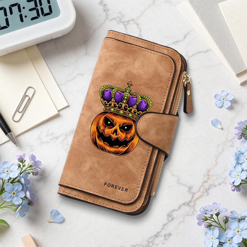 Halloween Crown Pumpkin Pattern Long Wallet for Daily Use