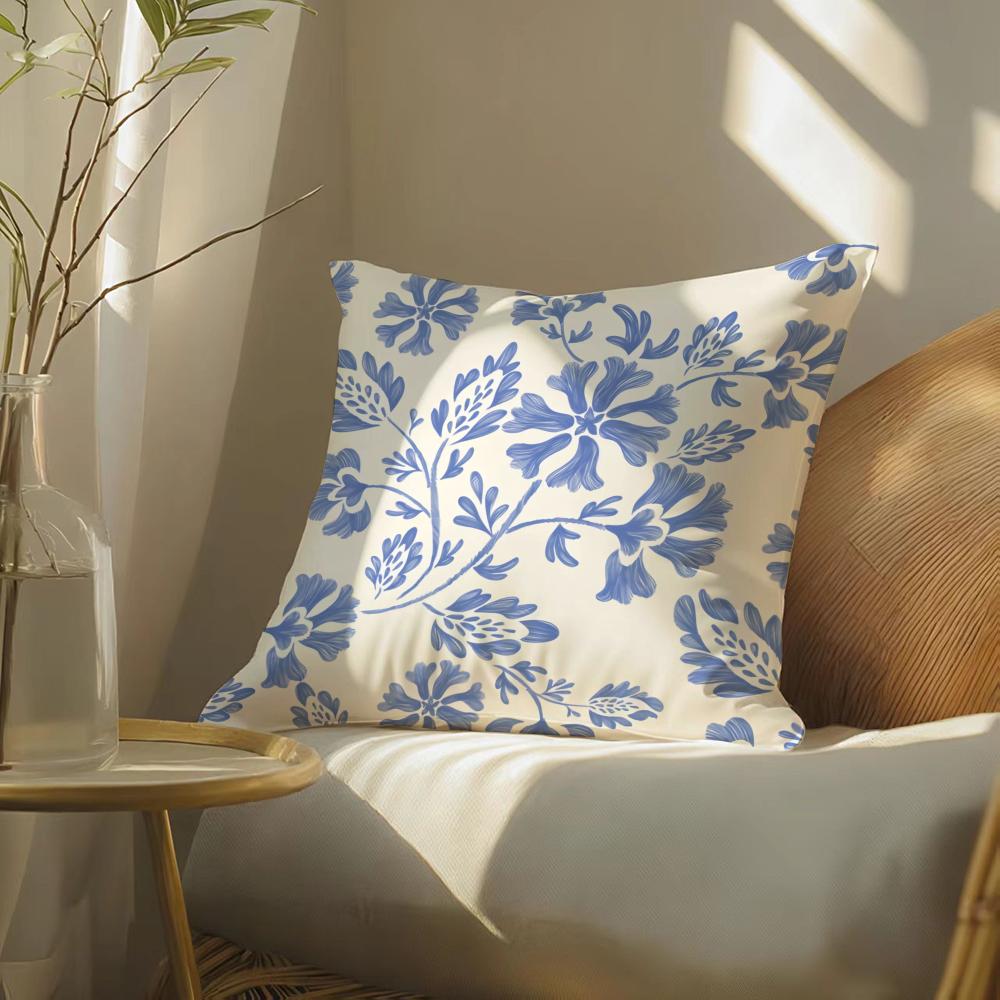 Blue Retro Flower Cushion Cover Soft Short Plush Pillow Cover Smooth Cozy Texture Aesthetic Cushion Case Home Decor