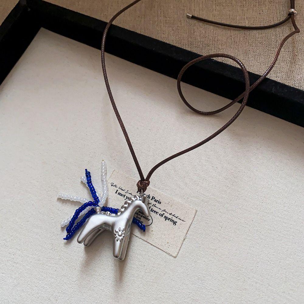 Long Wax Rope Necklace Horse PU Leather Necklace Unique Pony Pendant Necklace  Women