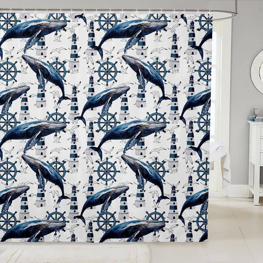 Lobster Shower Curtain Nautical Bathroom Shower Curtain Sets Retro Cartoon Ocean Stripes Marine Life Sea Wild Animals Fabric