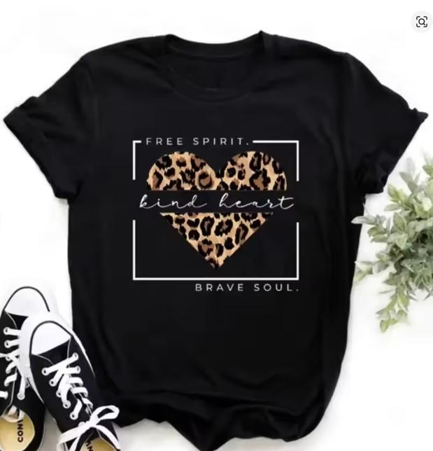 

Womens Short Sleeved Love Leopard Print Printed Tshirt Loose Plus Round Neck Streetwear Home Wear S