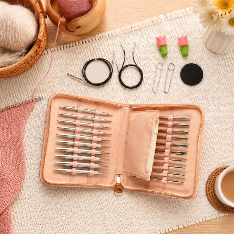 13-Pair Knitting Needle Set, Interchangeable Metal Circular Needle with 4 Flexible Cables, Plus Storage Case with Retaining Bands and Interior Pocket