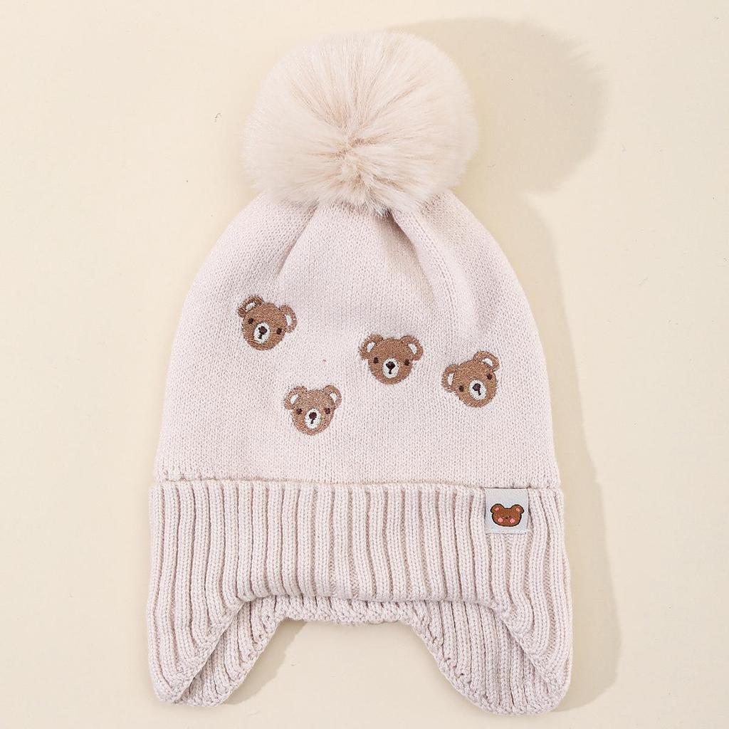 Children's Pompon Pullover Hat with Ear Protection - Embroidered Bear, Fleece-Lined for Autumn and Winter