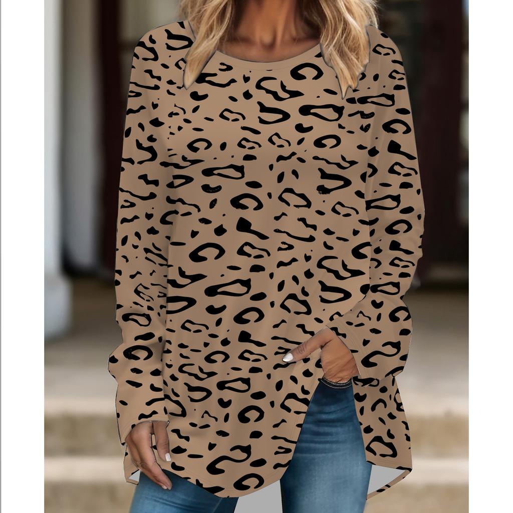 Plus Size Women Fashionable Personality  Leopard Printed Comfy Long Sleeve Round Collar T-shirt Casual Baggy Mid Length Tee Tops