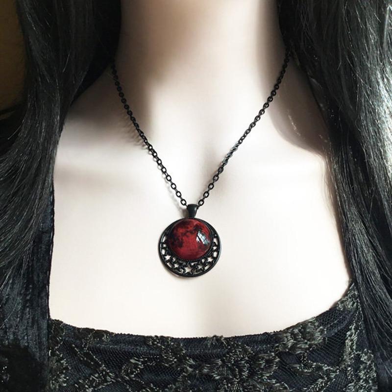Blood Moon Necklace: Gothic Witchcraft & Pagan Red Moon Glass Pendant with Stars