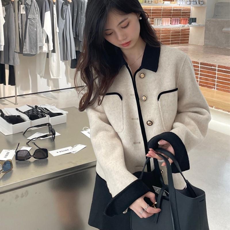 New Small Fragrance Style Short Doll Neck Contrast Color Celebrity Fashionable Temperament Commuting Single-breasted Woolen Coat for Women