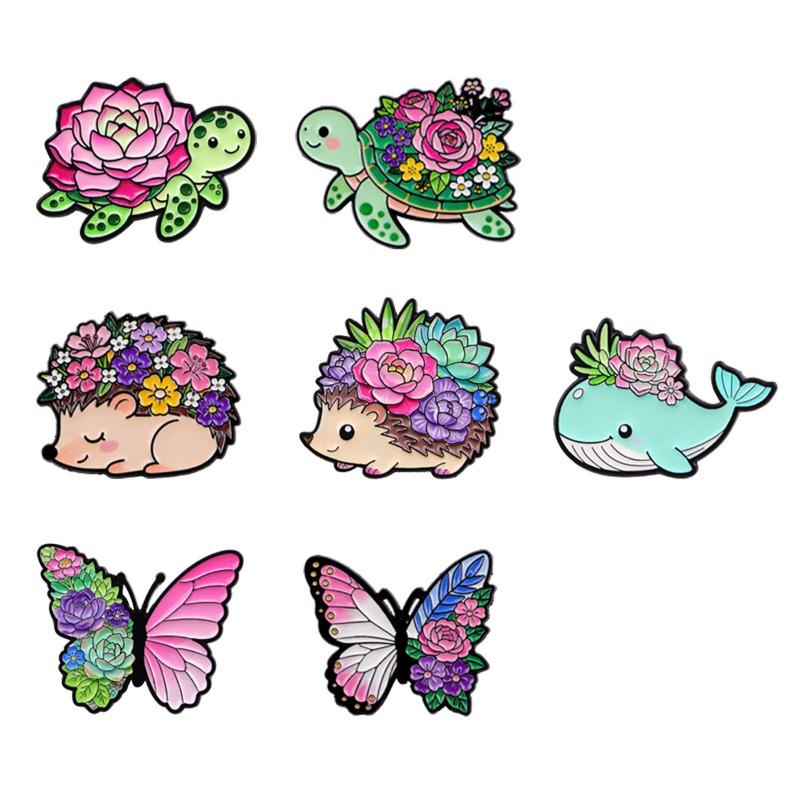 

7pcs Cute Hedgehog Lapel Pins for Backpacks Enamel Brooches with Floral & Animal Designs Durable Zinc Alloy for Clothe Briefcase