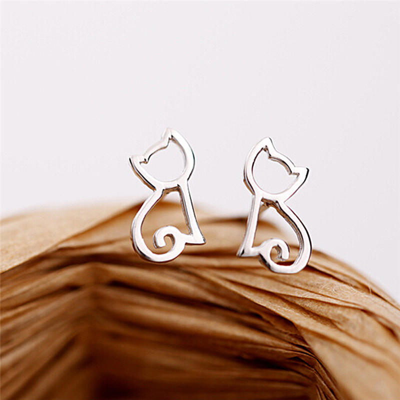 1 Pair Silver Plated Elegant Earrings Lovely Hollow Out Cats Cartoon Earrings