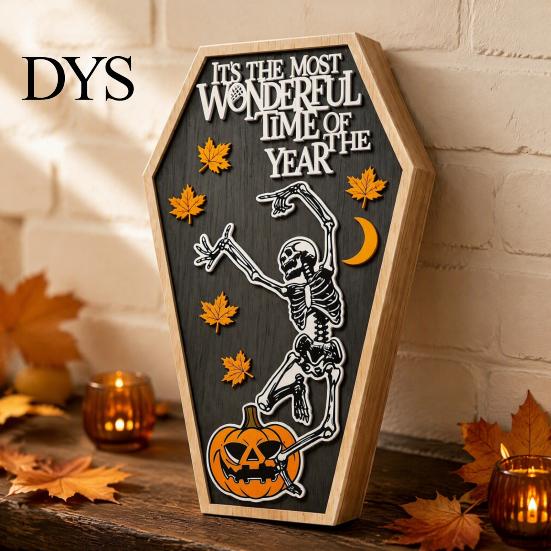 Halloween Wooden Ornaments Table Sign, Spooky Message Board, Tabletop Centerpiece with Skeleton Season Home Decor And Maple Leaves for Haunted