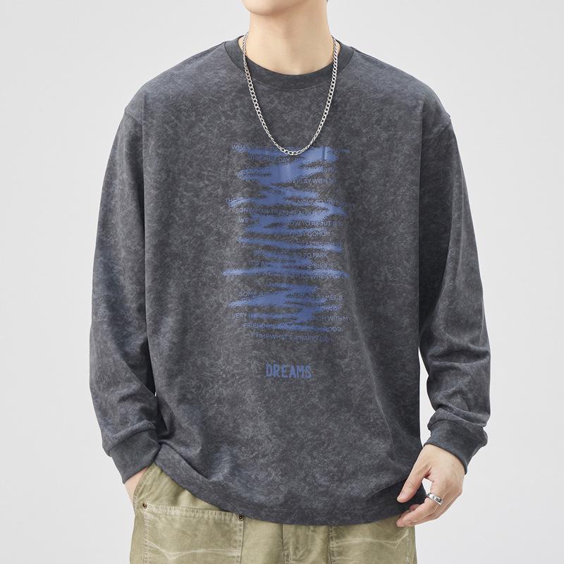 Men's Heavyweight Retro Washed Long-Sleeve T-Shirt - Autumn Edition, Loose Fit, Round Neck, Trendy American Print