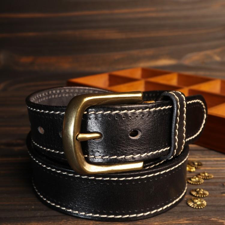 Italian Cowhide Belt, Sewn Copper Buckle, British Tooling Belt, Men'S Genuine Leather Belt 3.8Cm Wide