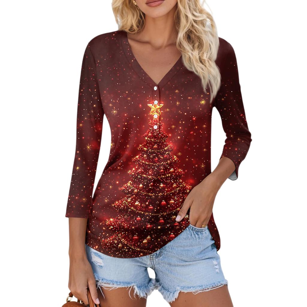 Damen Casual Mode Sexy Bequem Weihnachts-Print V-Ausschnitt Knopf Dreiviertelarm Oberteil