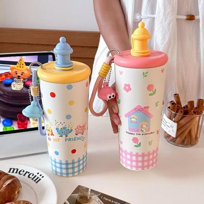 Bouteille Thermos Mignonne Avec Infuseur Paille Grande Tasse Thermique en Acier Inoxydable Pour Thé Café Fille Femme Bouteille d'Eau Portable 700ml