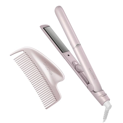 SALONIA Glossy Care Straightening Iron 24mm & Metal Guasha Comb, Hair Iron, Hair Comb, Hair Brush, International Compatible, Bangs, Beautiful Hair, Sh