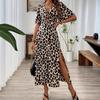 Europe, America, Summer On the New V-neck Leopard Print Slit Holiday Style Dress Slim Elegant Women's Clothing