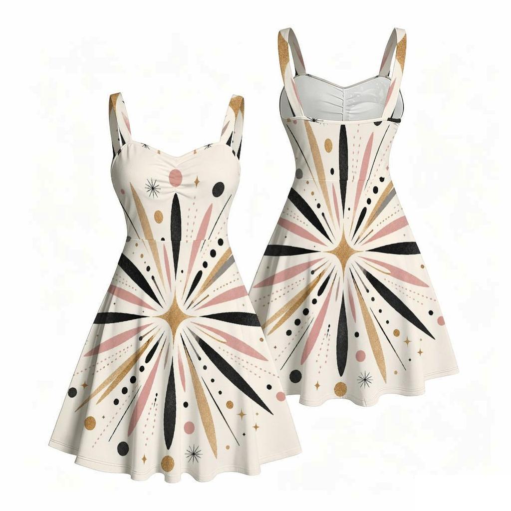Women Plus Size Strappy Off Shoulder Dress Square Neck Sleeveless Geometric Star Print Flared Hem