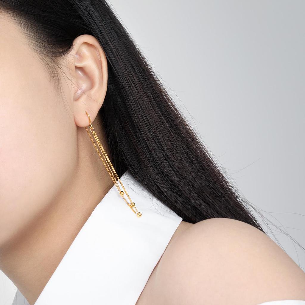 Versatile Gold-Plated Titanium Tassel Round Bead Earrings with a Korean Trendy Style
