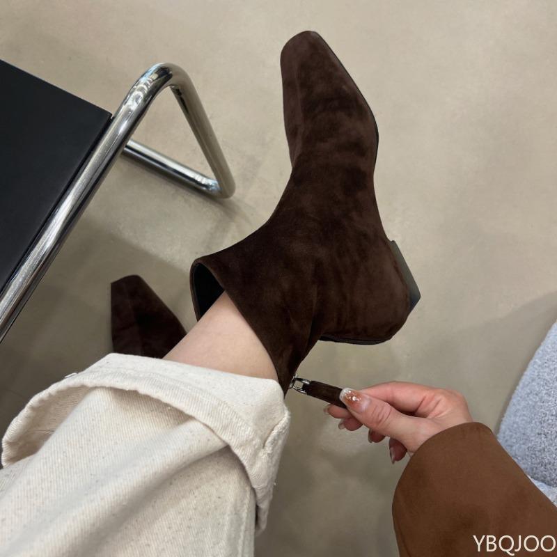Fashion New autumn winter retro brown suede ankle boots with zipper square toe thick heel simple comfortable short boots