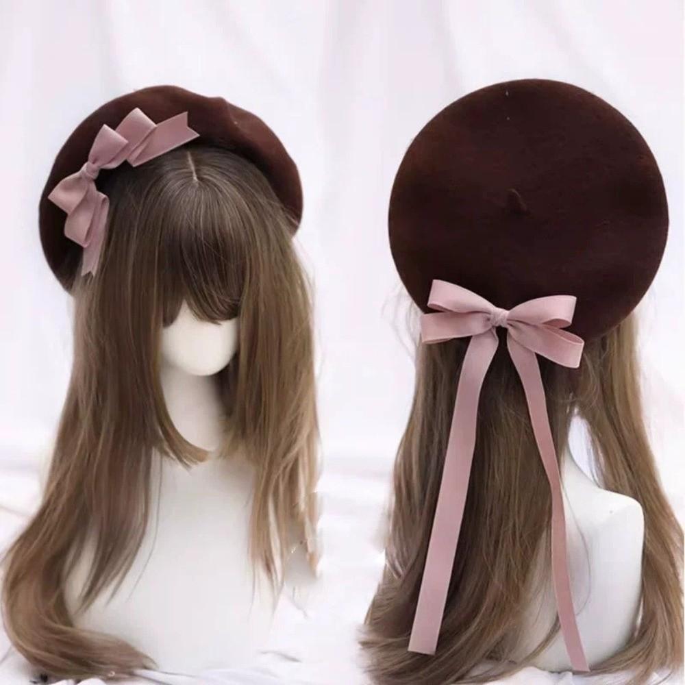 Wool Blend French Artist Hat Ribbon Bowknot Lolita Cosplay Cap Chic Beret Hat for Girls