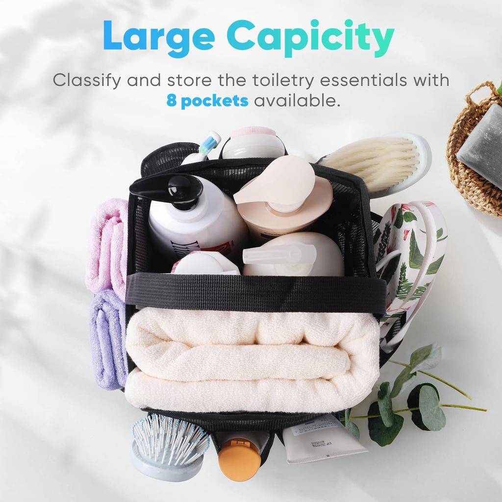Women'S Portable Shower Storage Bag Large Capacity Mesh Shower Caddy Tote With 8 Pockets Black Multifunctional Home Storage Bags