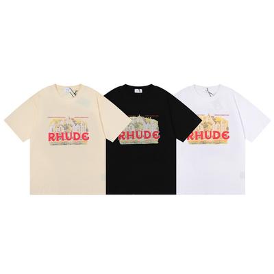 RHUDE Streetwear Graphic Print Loose Fit Crew Neck Short Sleeve T-Shirt Men Women Hip Hop Casual Wear