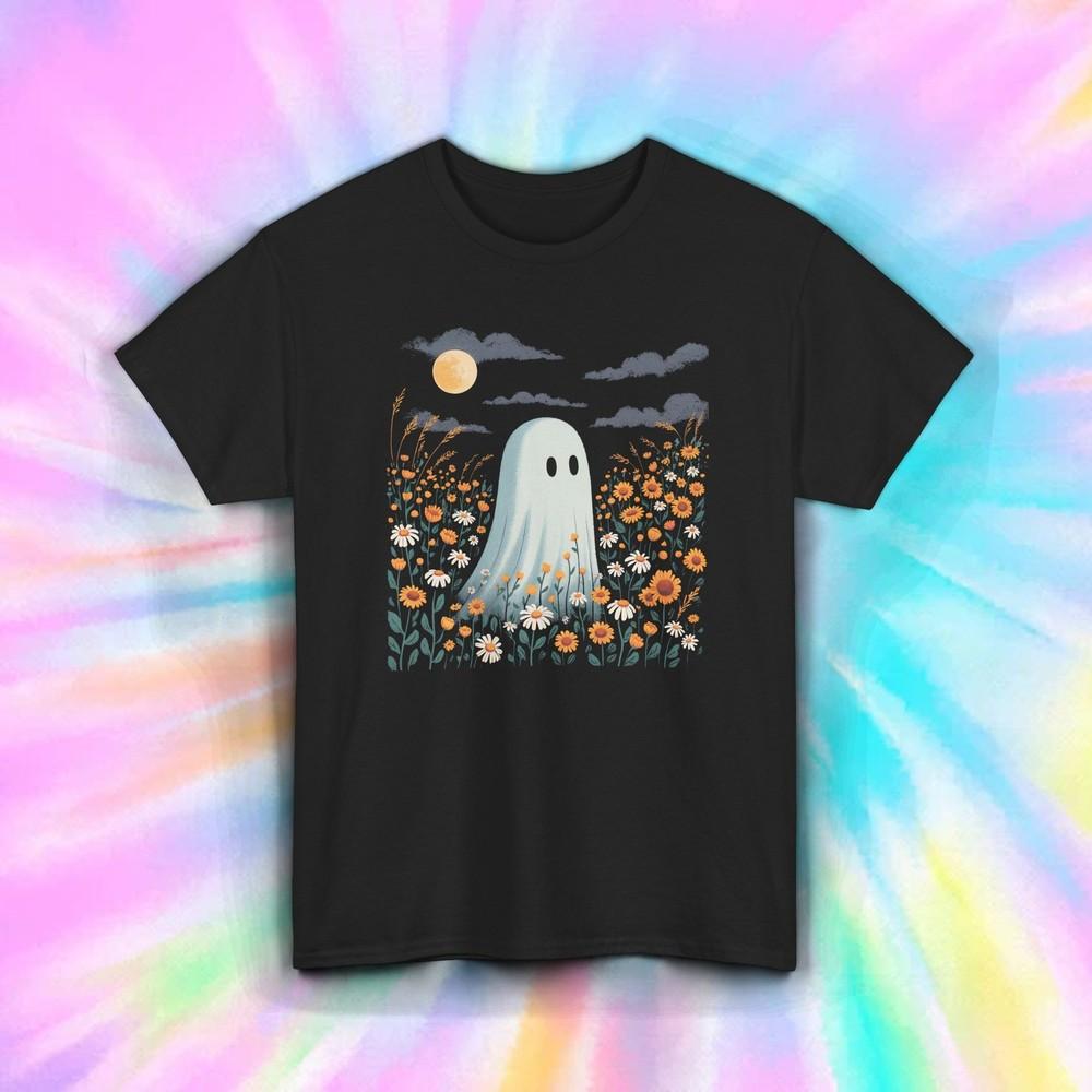 

Aesthetic Ghost In Flowers Shirt | Spooky Cute Halloween Fall Floral Graphic Tee XL